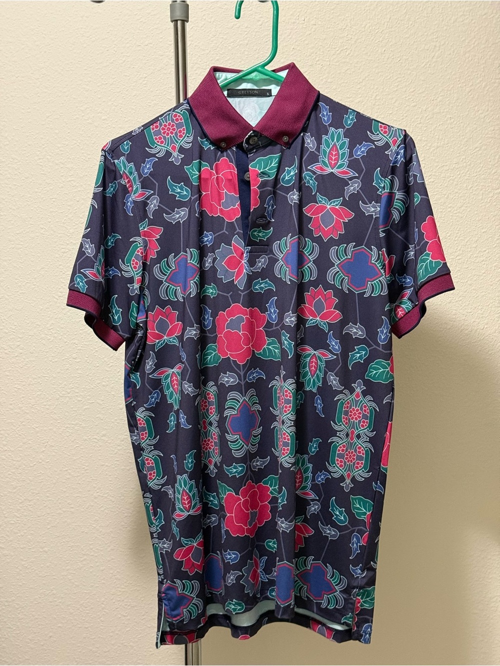 Men's Floral Polo Shirt - Navy with Pink & Teal Accents